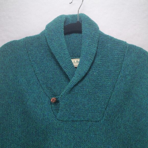 M Men's VTG USA L.L. Bean Shawl Sweater Green Wool Grandpa Button Neck Collar - Picture 4 of 9